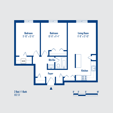 Floor plan for 2 beds, 1 bath, 802 sqft